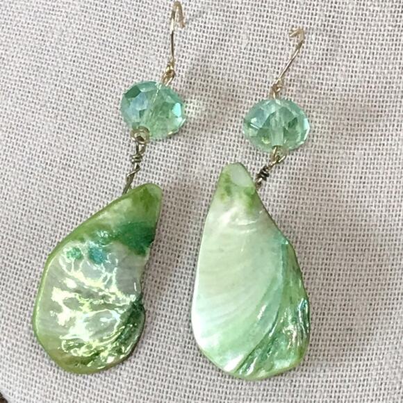 Mother Of Pearl Shell AB Crystal Glass Faceted Bead Gold Tone Drop Earring Green - Picture 14 of 15